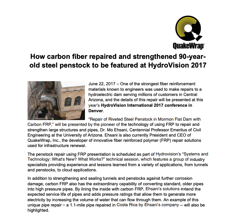 How carbon fiber repaired and strengthened 90-yearold steel penstock to be featured at HydroVision 2017