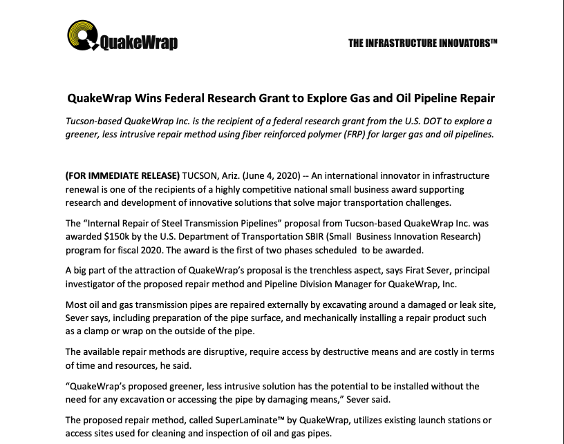 QuakeWrap Wins Federal Research Grant to Explore Gas and Oil Pipeline Repair