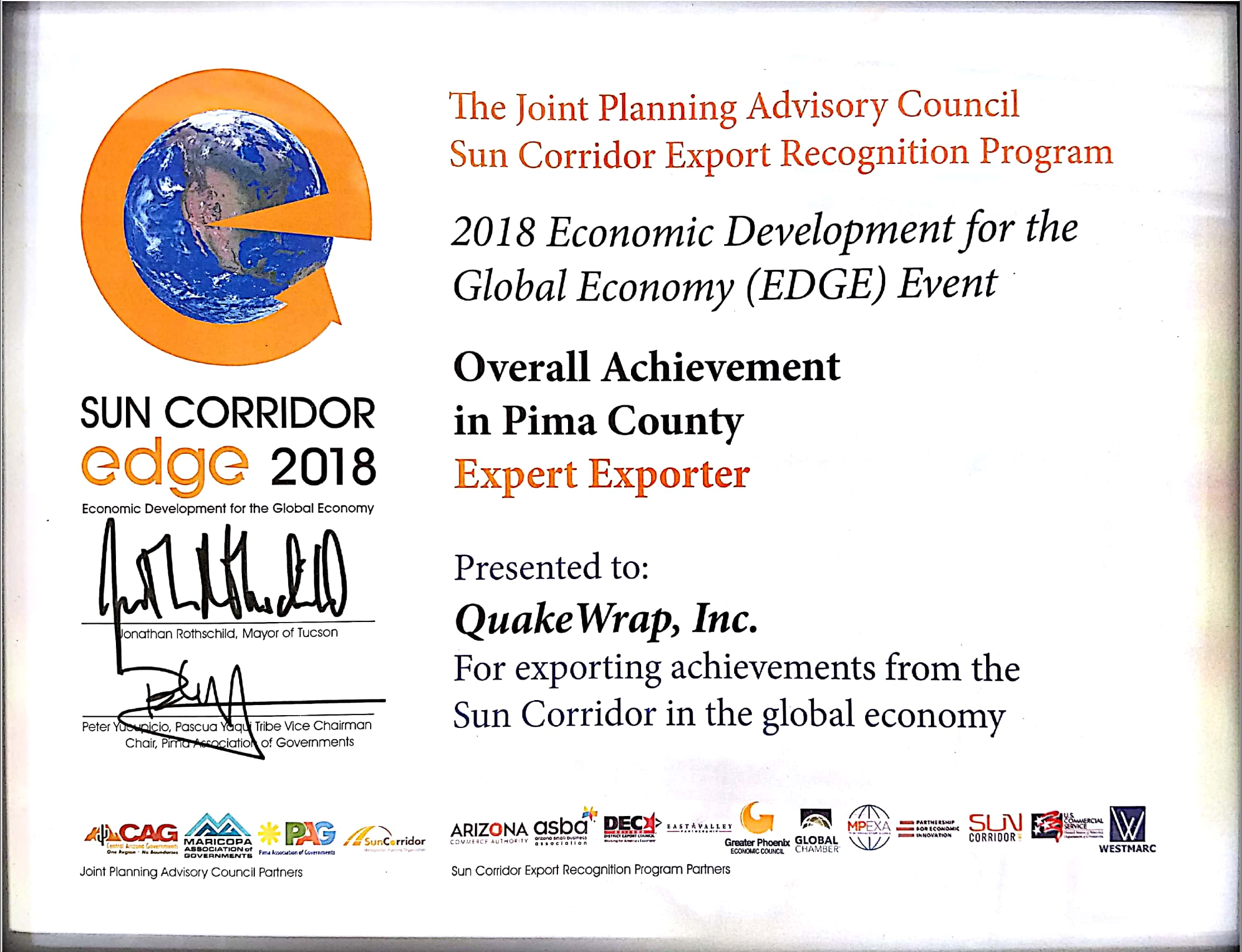 QuakeWrap Recognized for Exports, Global Economy Contributions