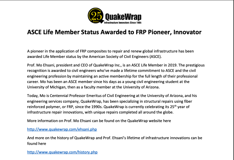 ASCE Life Member Status Awarded to FRP Pioneer, Innovator