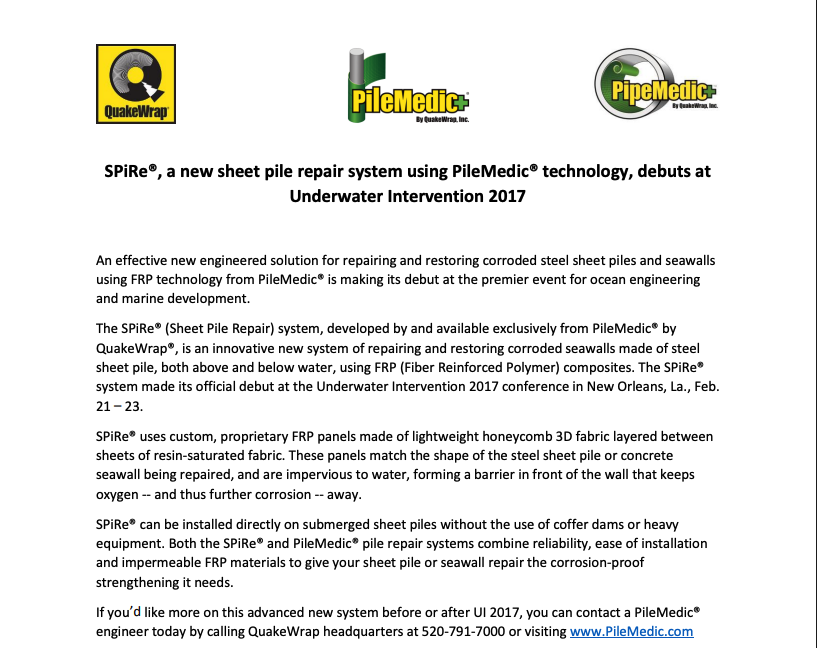 SPiRe®, a new sheet pile repair system using PileMedic® technology, debuts at Underwater Intervention 2017